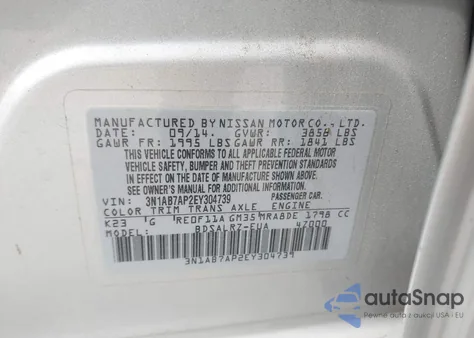 2014 Nissan Sentra Sr z USA, uszkodzony, nr VIN 3N1AB7AP2EY304739